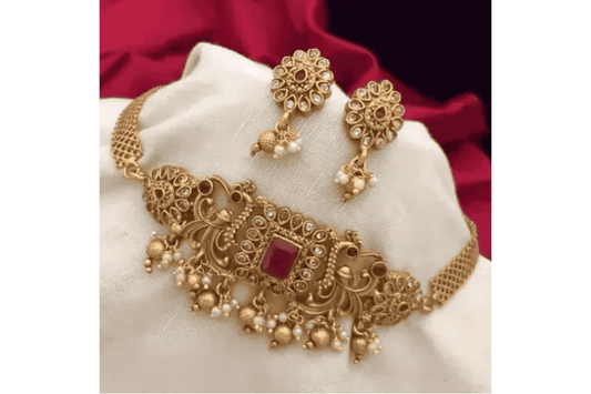 Premium Gold-Plated Kundan Choker Necklace Jewellery Set for Women & Girls