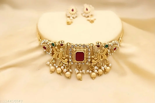 Premium Gold-Plated Kundan Choker Necklace Jewellery Set for Women & Girls